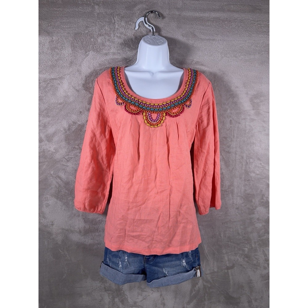 Boden Top Shirt Womens Size 10‎ Pink Beaded Embellished Boho 3/4 Sleeve
